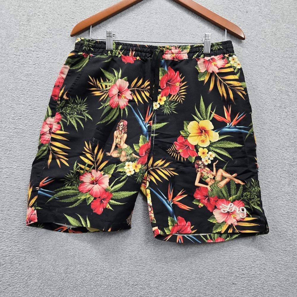 LRG Men Swimwear SMALL Black Floral Pinup Girl Swim Trunks Shorts 6" Inseam